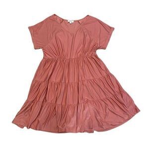 Umgee Short Sleeve Tiered Babydoll‎ Dress Womens Large Pink V Neck Stretch